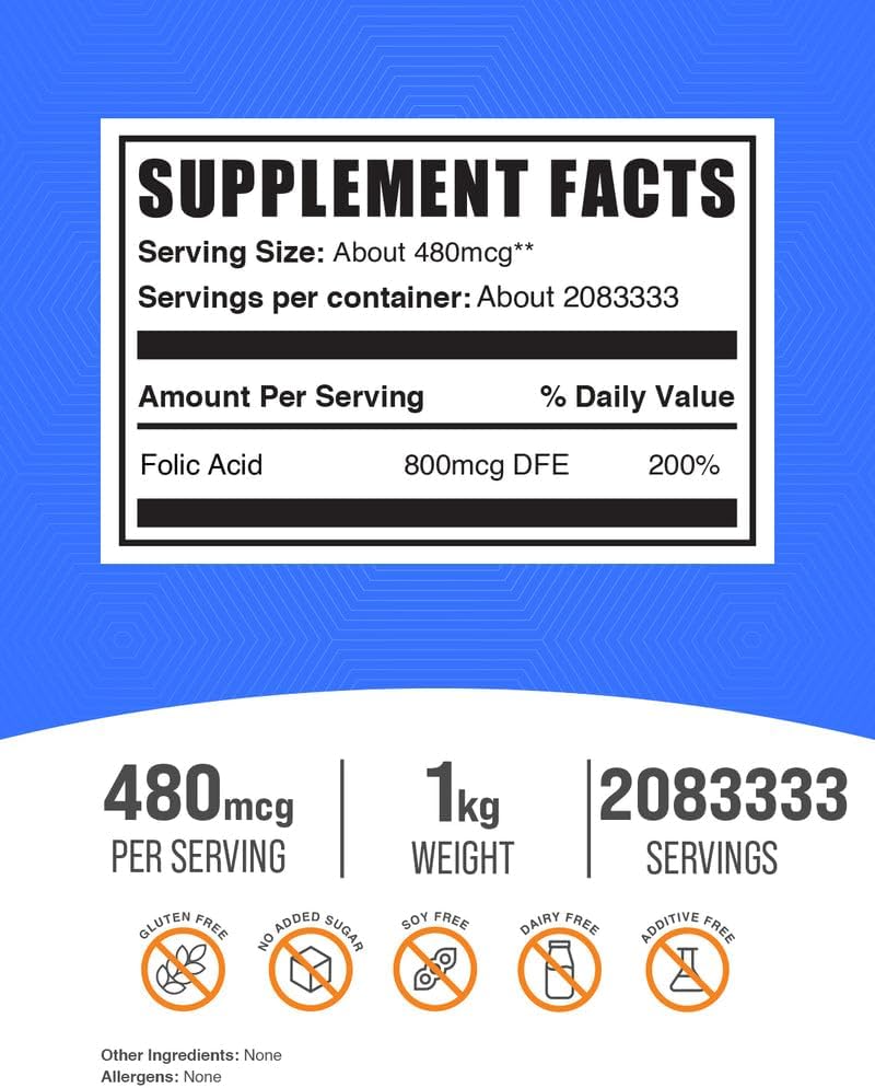 Ácido Fólico en Polvo - 480 mcg por Dosis, 1 kg (2.2 libras)
