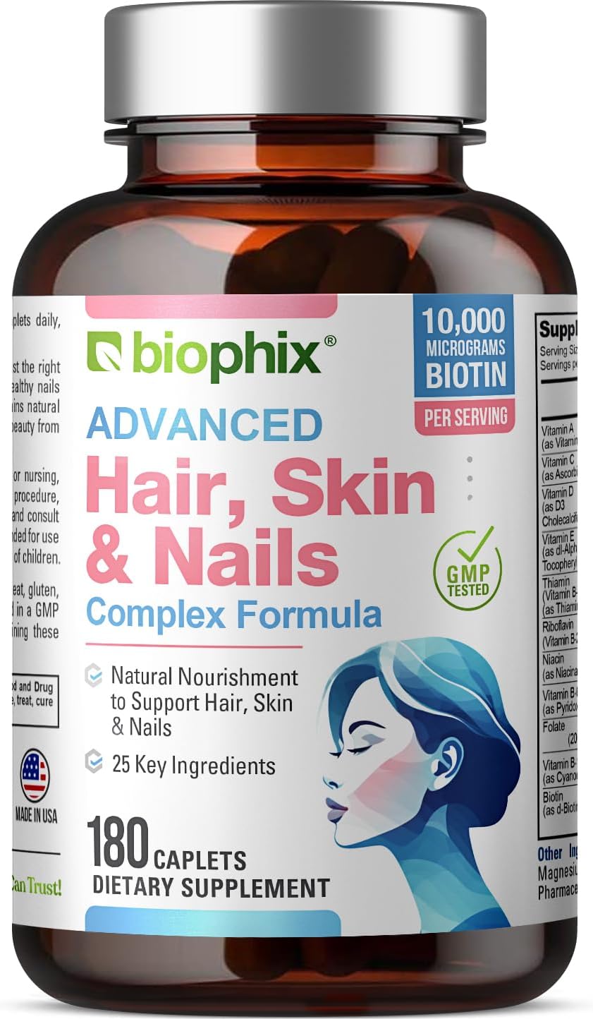 biophix Hair Skin and Nails Complex - 180 Caplets con 10.000 mcg de Biotina