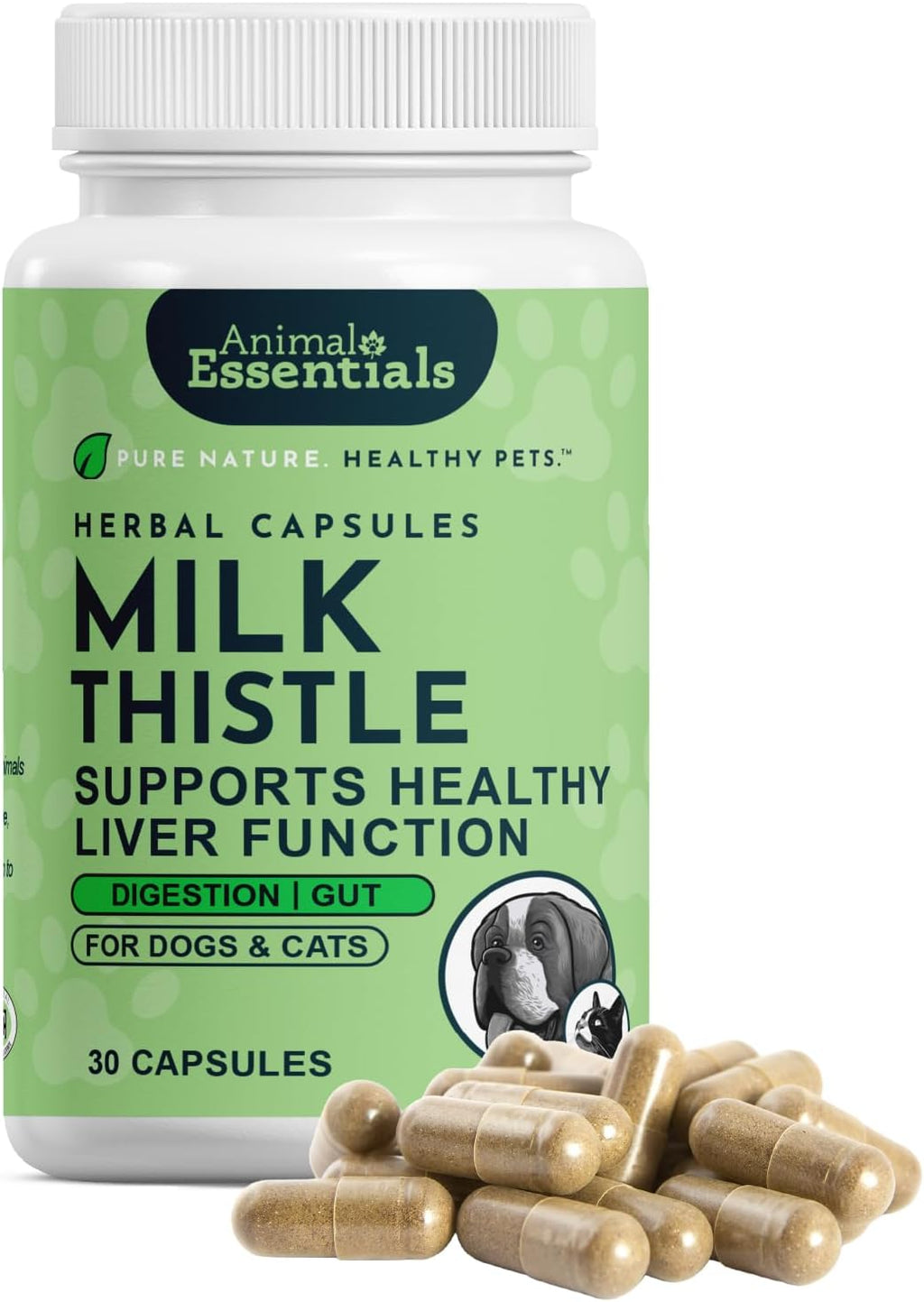 Animal Essentials Milk Thistle for Dogs and Cats - Liver Support, 150mg, Silymarin, Organic Herbal Capsules - 30 Count
