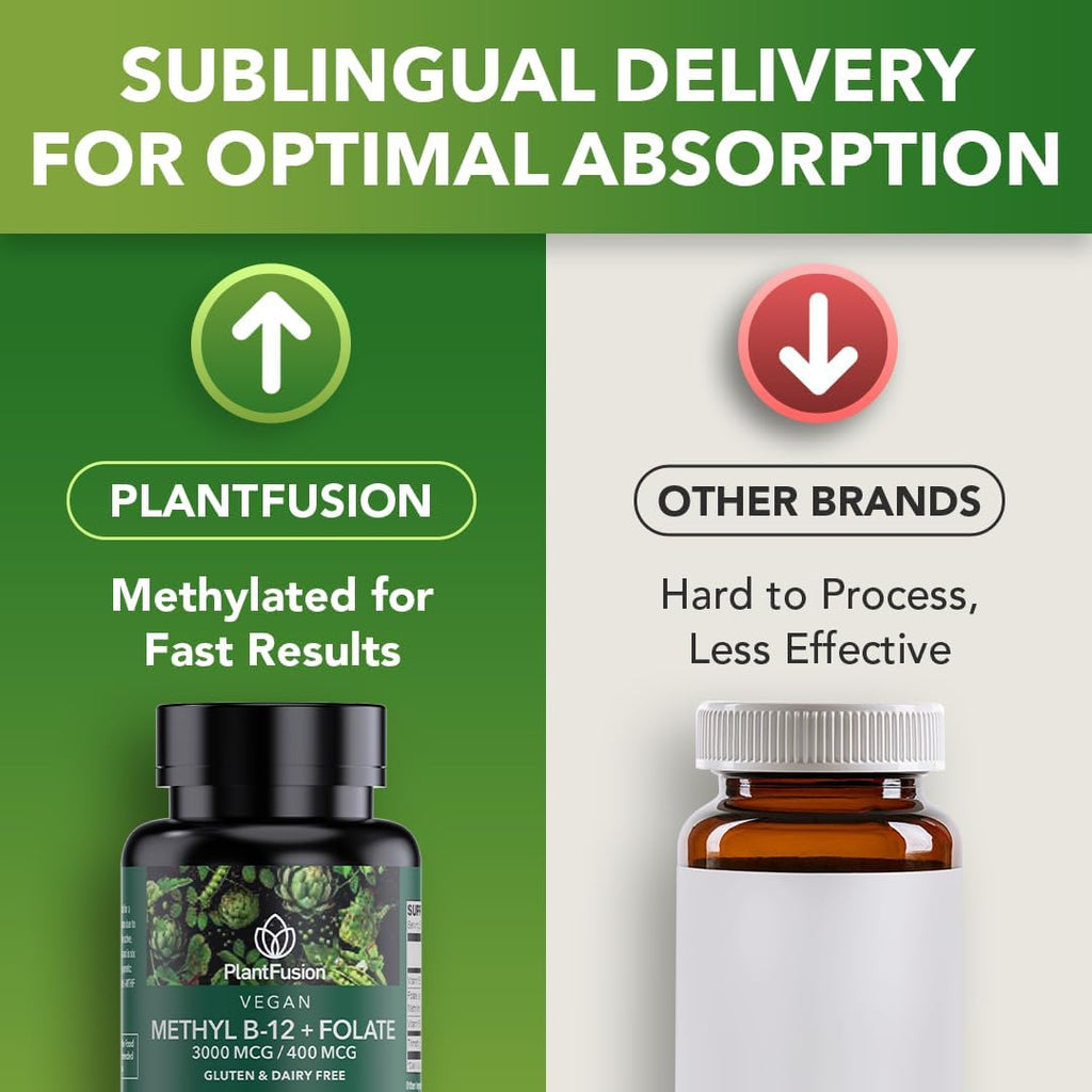 PlantFusion Vegan B12 Methyl 3000 mcg + Folate 400 mcg - Vitamina B12 Sublingual - 60 Pastillas - Sabor Cereza