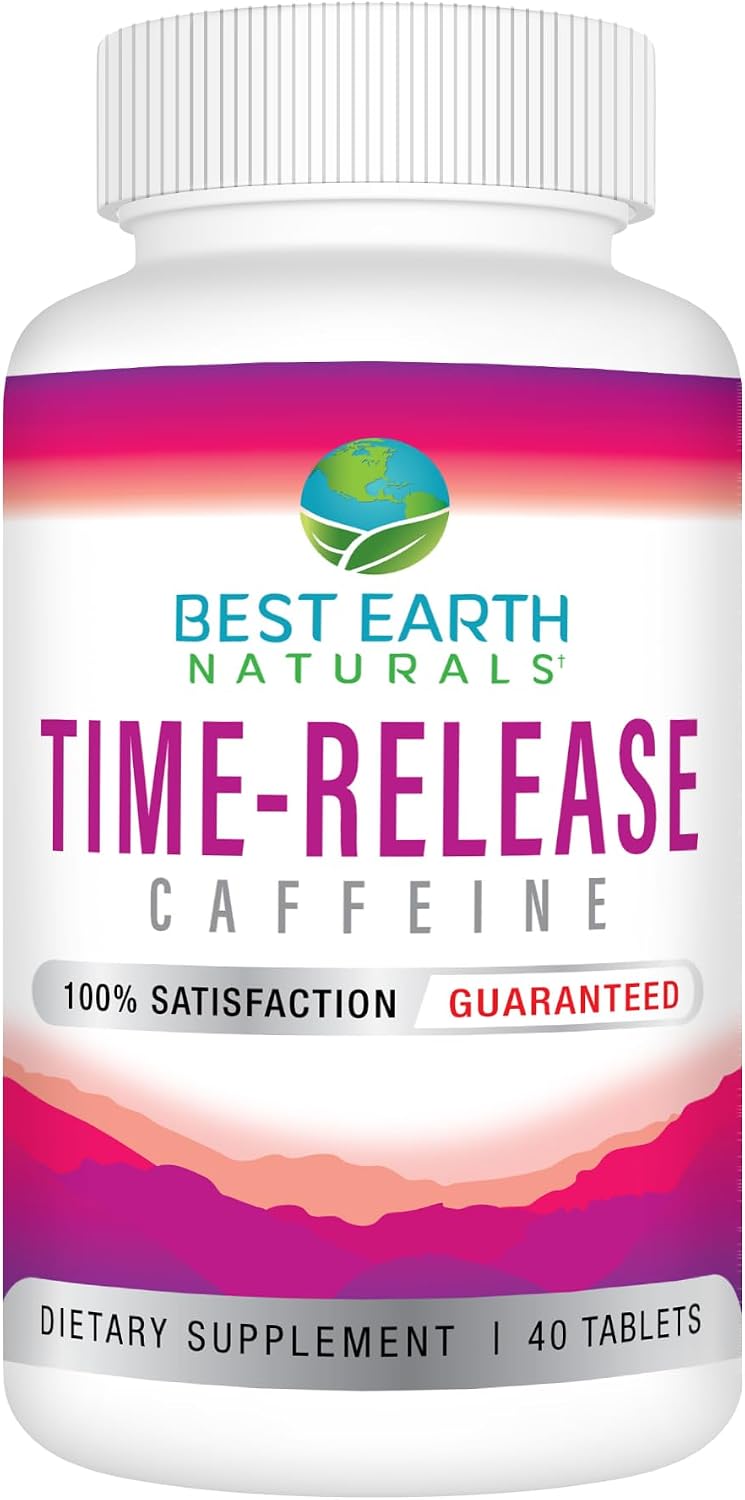 Best Earth Naturals Time Release Caffeine with L-Tyrosine, Vitamin B6, Vitamin B12, Thiamin & More - Suplemento Energético - 40 Comprimidos