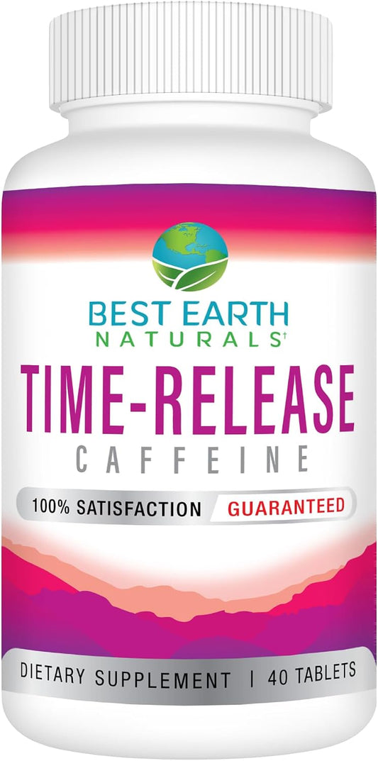 Best Earth Naturals Time Release Caffeine with L-Tyrosine, Vitamin B6, Vitamin B12, Thiamin & More - Suplemento Energético - 40 Comprimidos