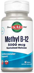 KAL Vitamina B12 Metilcobalamina 5000 mcg - Comprimidos de disolución rápida ActivMelts, Sabor Frambuesa Natural, 90 Comprimidos
