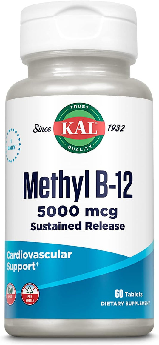 KAL Vitamina B12 Metilcobalamina 5000 mcg - Comprimidos de Disolución Rápida ActivMelts, Sabor Natural a Frambuesa, 90 Comprimidos