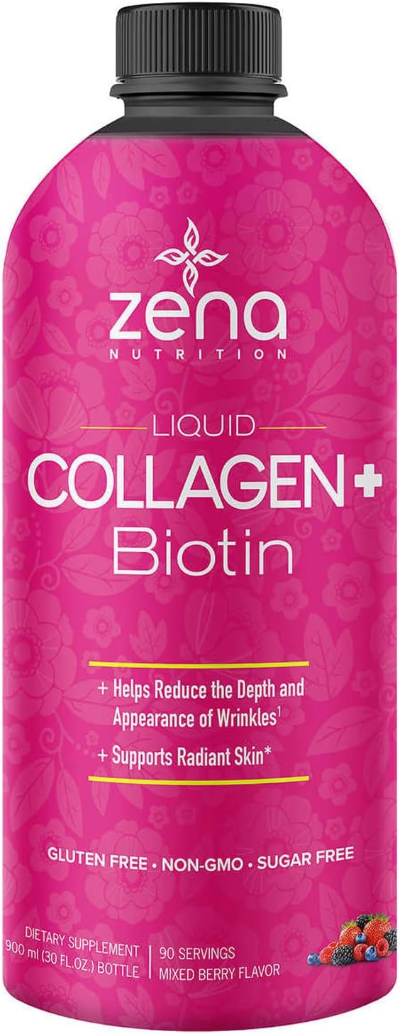 Zena Liquid Collagen + Biotin: 2500mg Colágeno, 5000mcg Biotina, Fórmula Verisol | Apoyo Cabello, Piel, Uñas y Articulaciones | No Transgénico, Sabor Bayas Mixtas | 90 Porciones