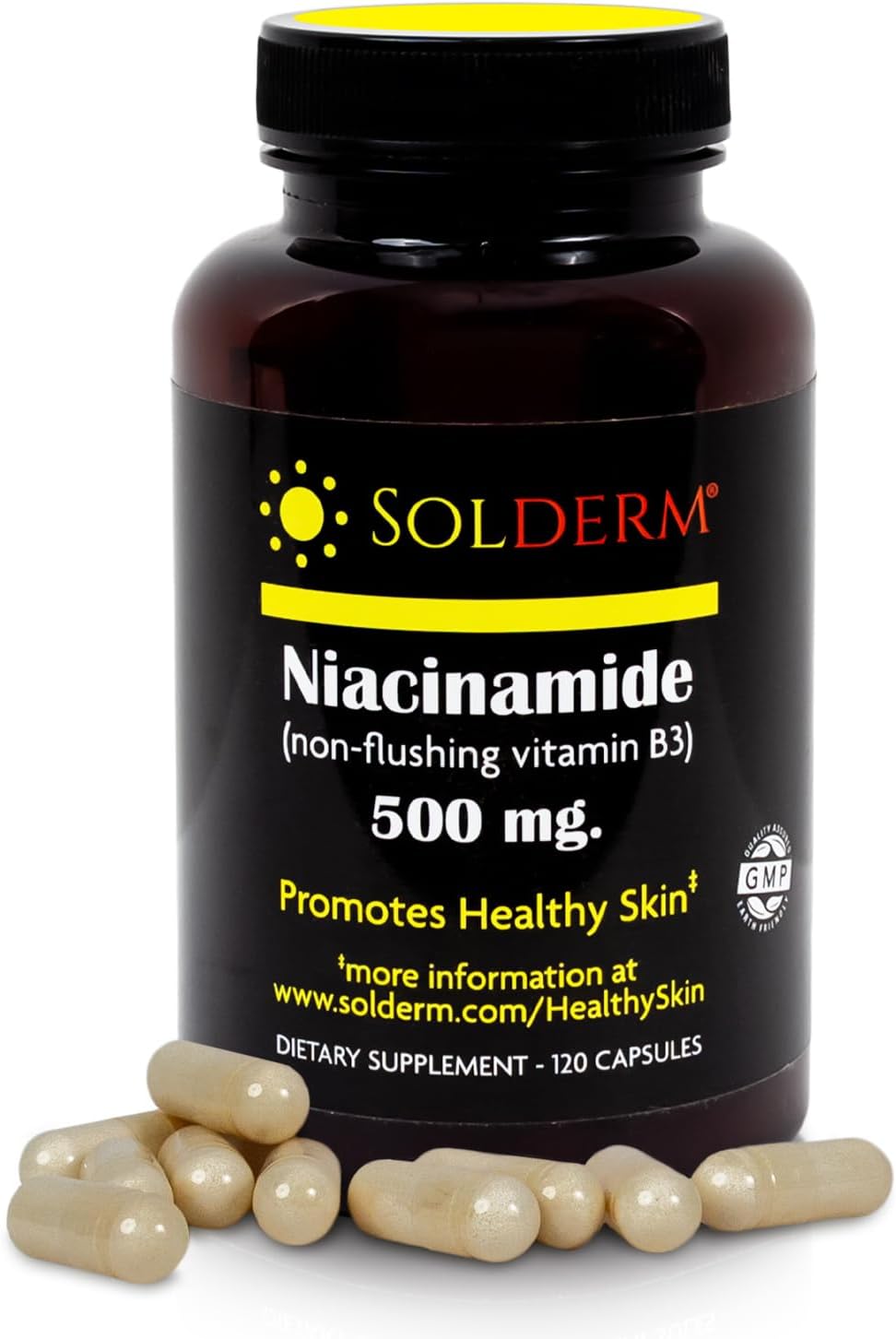 SOLDERM Niacinamide 500mg – No-Flush Vitamin B3, 120 Vegetarian Capsules