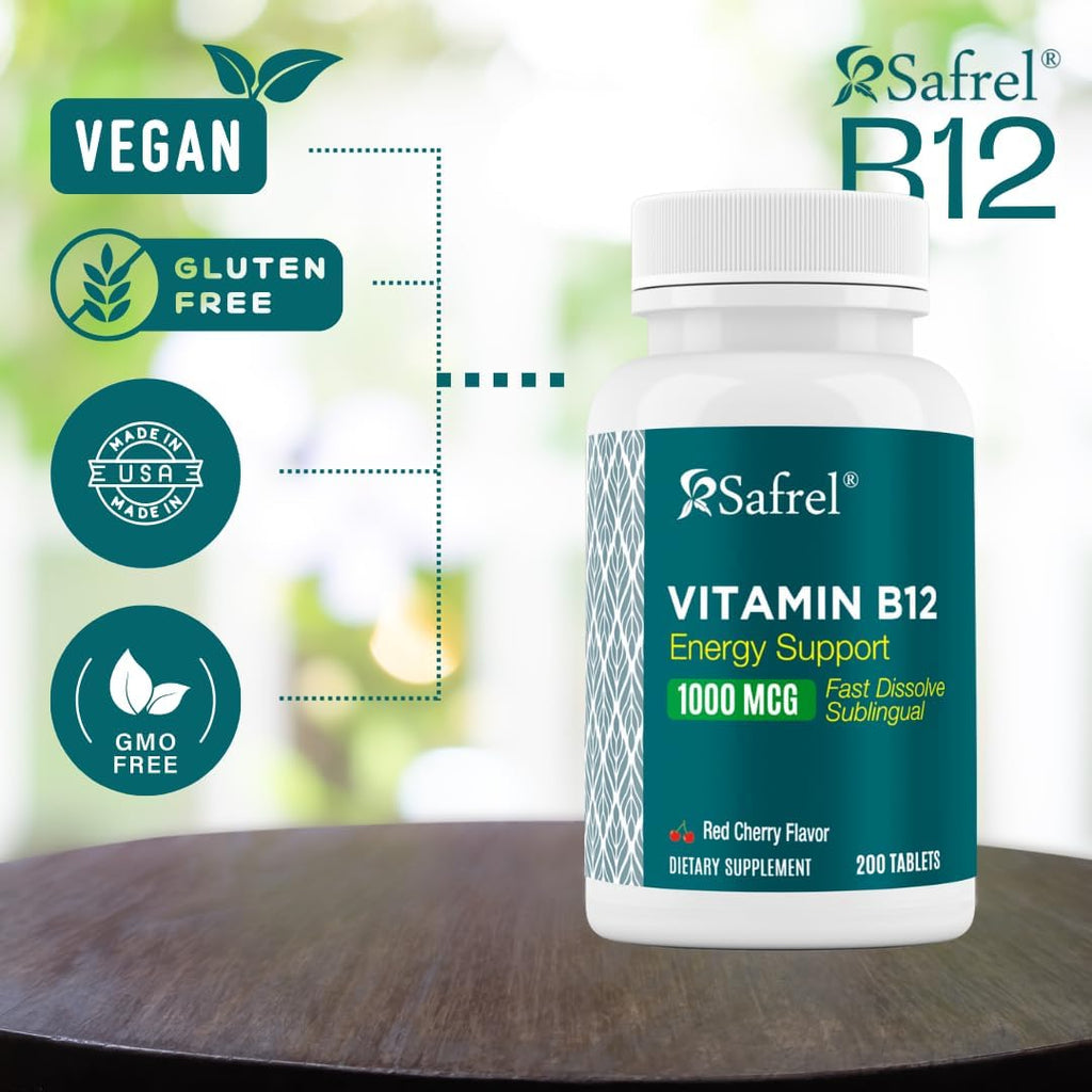 Safrel Vitamina B12 1000 mcg, 200 Comprimidos Sublinguales de Rápida Disolución, Sabor Cereza