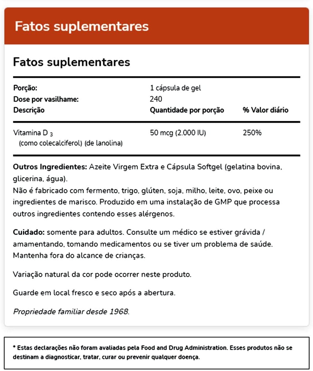 NOW Foods Vitamina D-3 2000 UI 240 Cápsulas Blandas