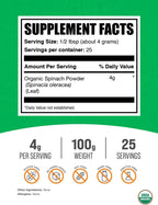 BulkSupplements.com Organic Spinach Powder - Polvo de Espinaca Orgánica, Superalimento Verde, Vegano y Sin Gluten, 100g