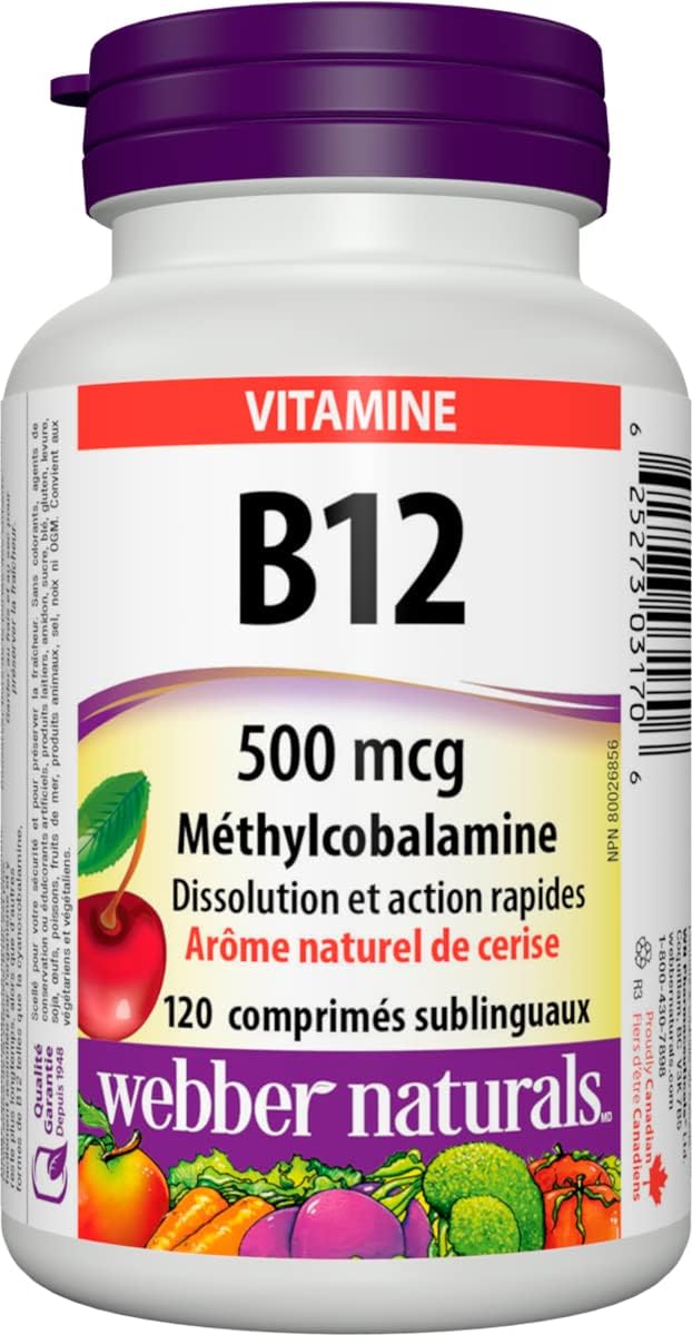 Webber Naturals Vitamina B12 (metilcobalamina) sublingual, 120 comprimidos, sabor natural a cereza