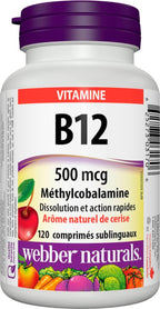Webber Naturals Vitamina B12 (metilcobalamina) sublingual, 120 comprimidos, sabor natural a cereza