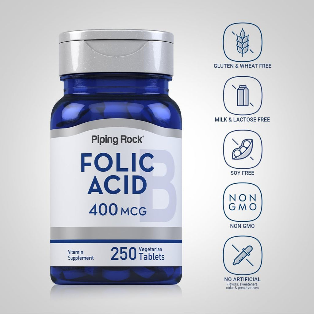 Piping Rock Ácido Fólico 400 mcg, 250 Comprimidos Vegetarianos