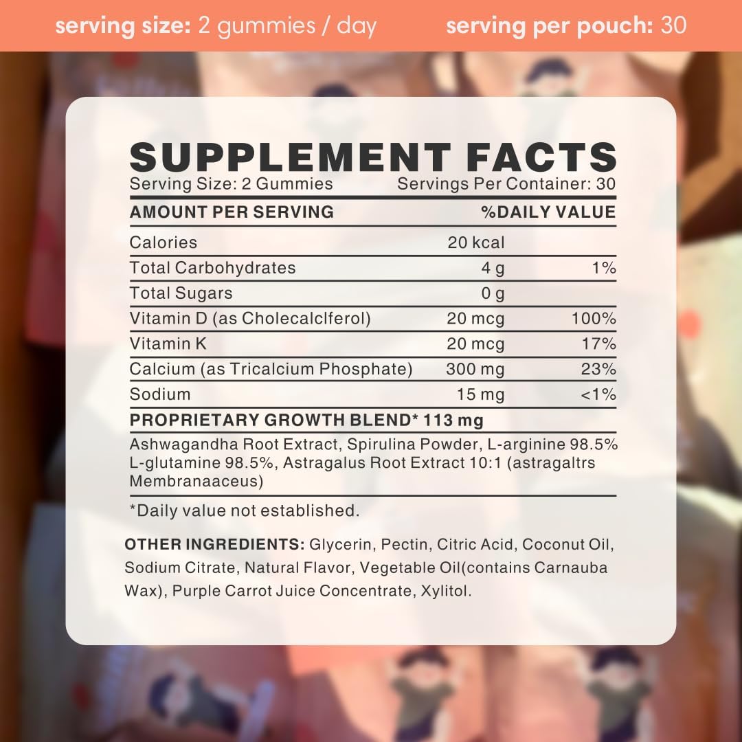 Growth Gummies - Natural Height Support & Bone Strength Supplement for Kids & Teens with Vitamin D, Calcium, Ashwagandha, L-Arginine - 60 Gummies