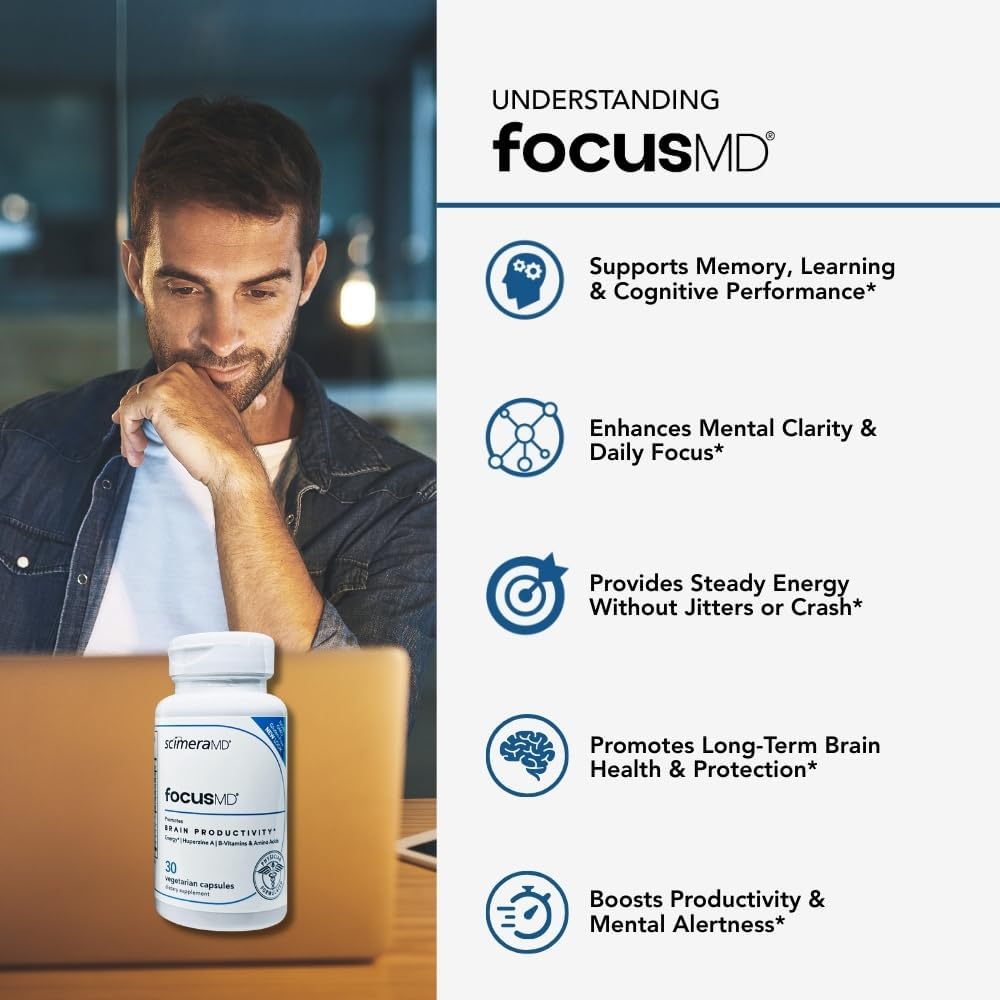 ScimeraMD® FocusMD Complemento para el Cerebro con Coffeeberry Orgánico Nootrópico, Huperzina A para Memoria, Concentración y Energía, 30 Cápsulas