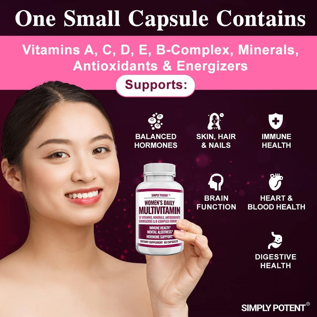 Simply Potent Multivitamínico para Mujeres – 37 Vitaminas y Minerales con Biotina, Té Verde y Complejo B, 60 Cápsulas