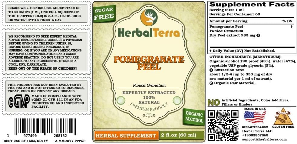 Extracto Líquido de Cáscara de Granada (Punica Granatum) - HerbalTerra, 60 ml (2 oz)