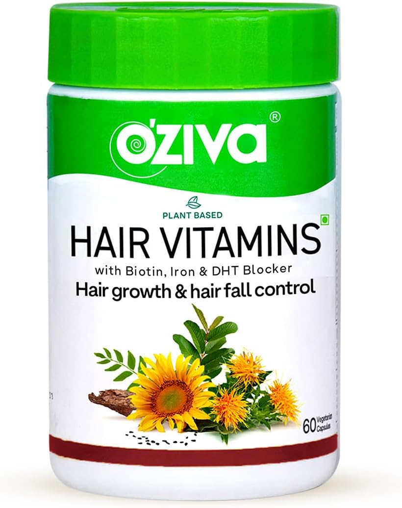 OZIVA Plant Based Hair Vitamins con Biotina, Omega-3 y Vitamina E, 60 Cápsulas