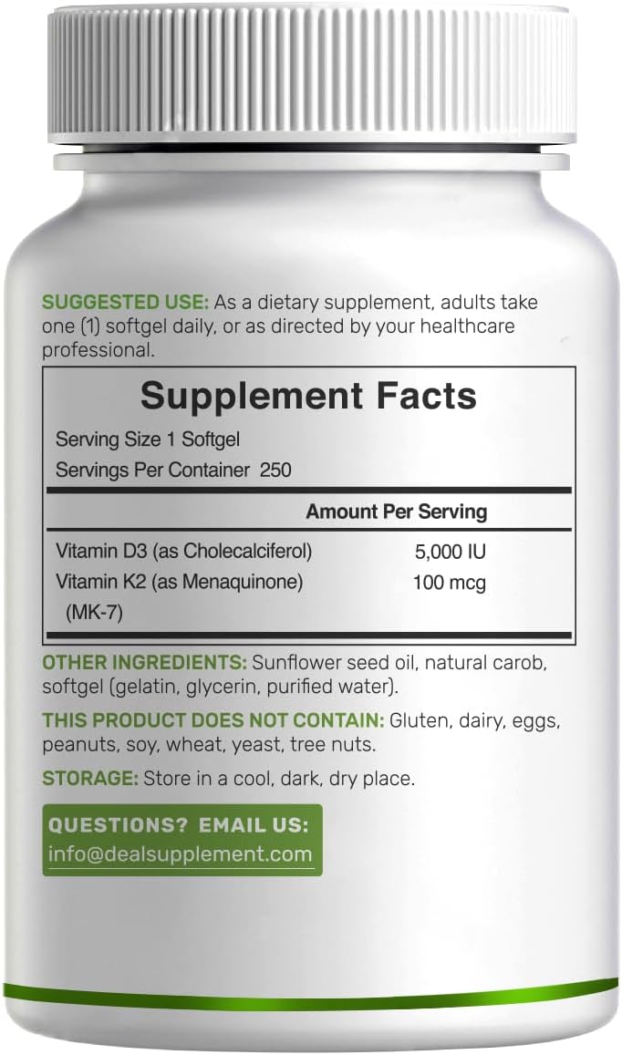 DEAL SUPPLEMENT Vitamina D3 5000 UI + K2 MK7, 250 Cápsulas Blandas