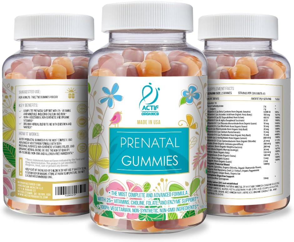 Actif Gominolas Prenatales con Más de 25 Vitaminas Orgánicas y Mezcla de Hierbas - No GMO, 100% Vegetariano, 90 Gomitas