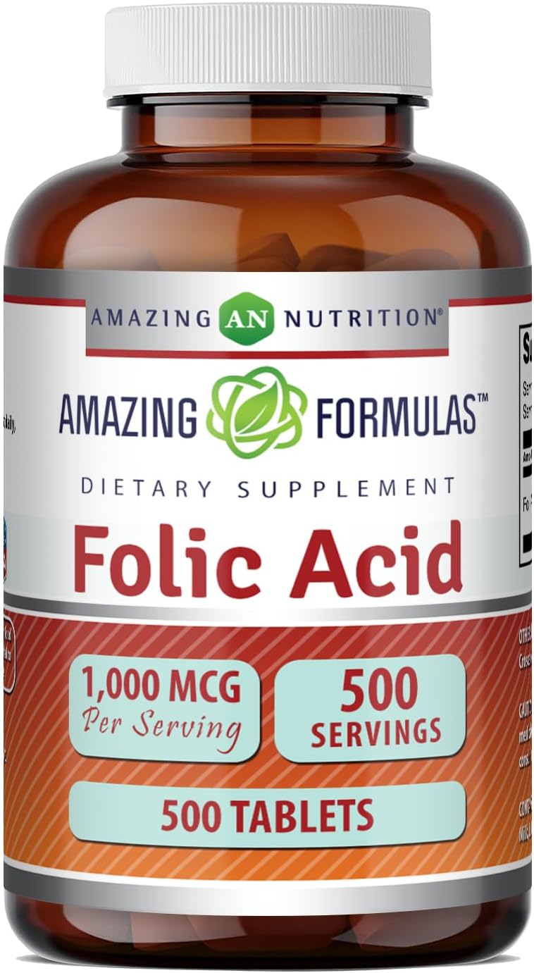 Amazing Formulas Ácido Fólico 1000 mcg (1 mg) Comprimidos | Vitamina B9 | No-GMO | Sin Gluten | Fabricado en EE. UU. (240 Comprimidos)