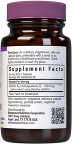 Vitamin K2 (Menaquinone-7) 100 mcg, 50 Vegetarian Capsules - BlueBonnet
