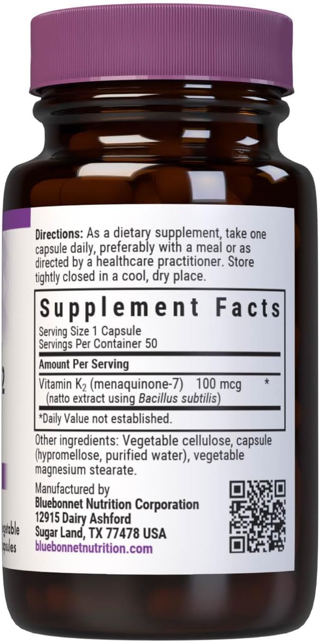 Vitamin K2 (Menaquinone-7) 100 mcg, 50 Vegetarian Capsules - BlueBonnet