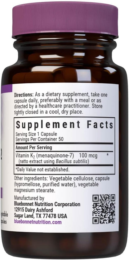 Vitamina K2 (Menaquinona-7) 100 mcg, 50 Cápsulas Vegetales - BlueBonnet – Image 2