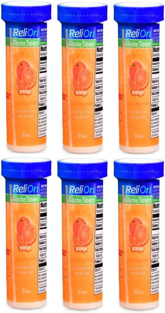 ReliOn Comprimidos de Glucosa Sabor Naranja - 6 Tubos de 10 Comprimidos