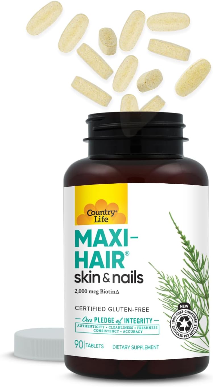 Country Life Maxi-Hair Suplemento con Biotina 2000 µg y Vitaminas para Cabello, Piel y Uñas - 90 Comprimidos