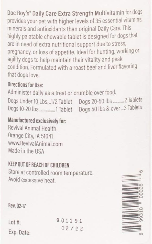 Doc Roy's Daily Care Extra Canine - Multivitamínico Completo para Perros, 365 Comprimidos