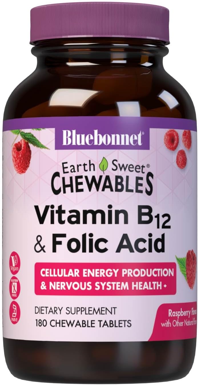 Bluebonnet Nutrition Earth Sweet Vitamin B12 and Folic Acid Chewable Tablets, Raspberry Flavor, 90 Count