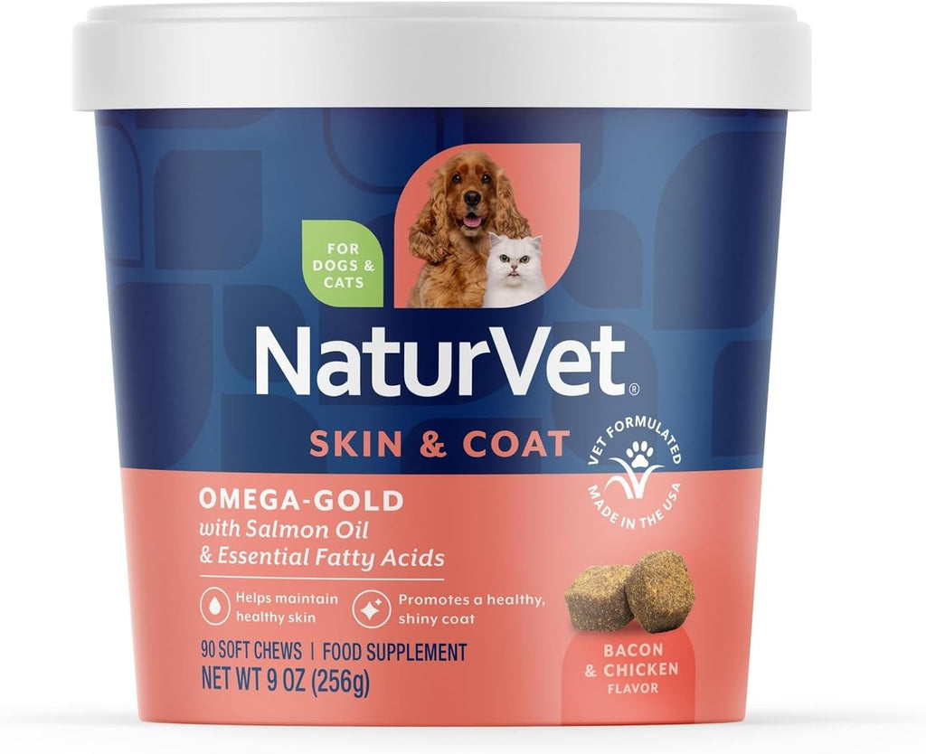 NaturVet – Omega-Gold Plus Aceite de Salmón | Apoya la Piel Saludable y el Pelaje Brillante | Enriquecido con DHA, EPA, Omega-3 y Omega-6 | Para Perros y Gatos | 90 Masticables Blandos