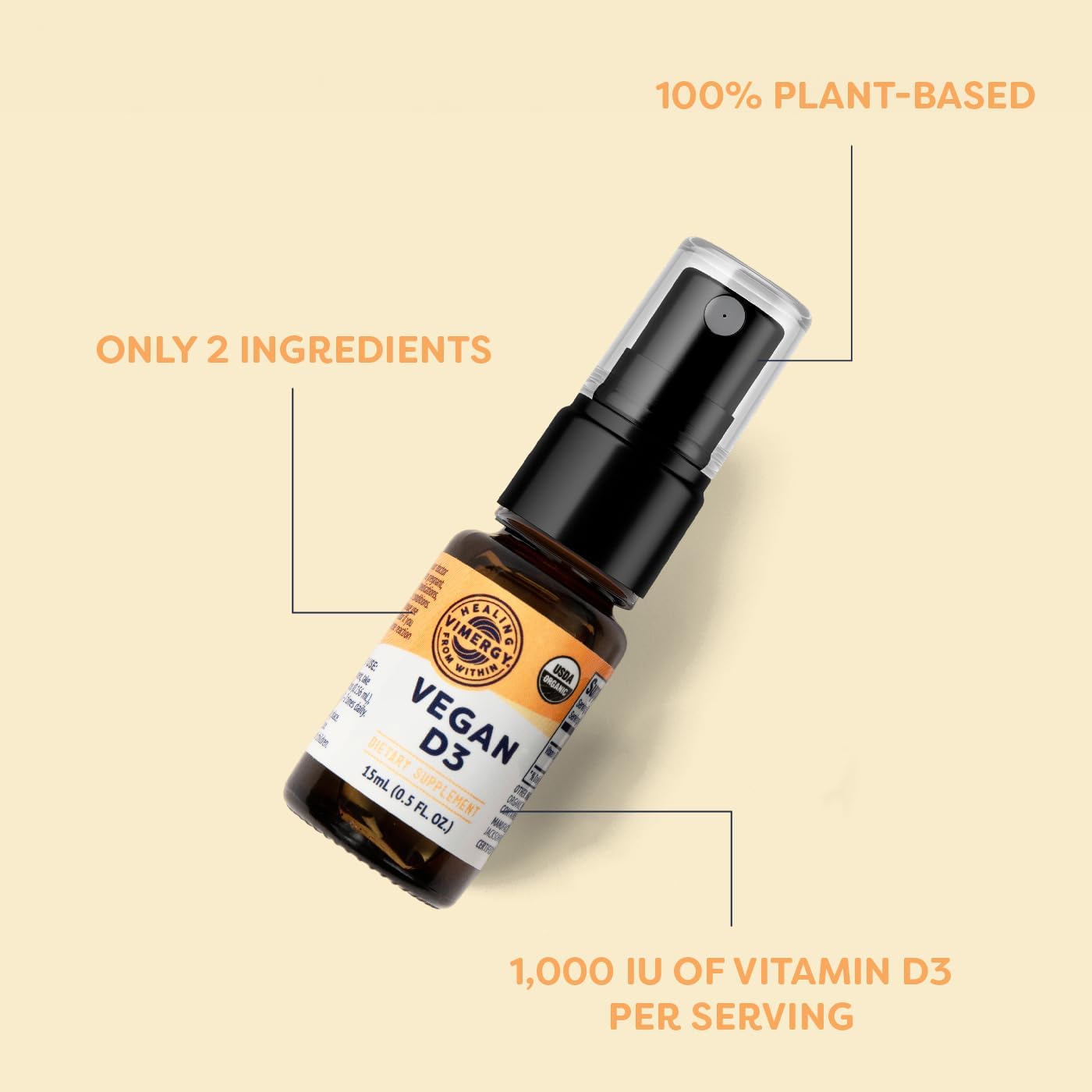 Vimergy Vitamina D3 Vegana - 1000 UI por Dosis, 96 Dosis - Líquido Orgánico
