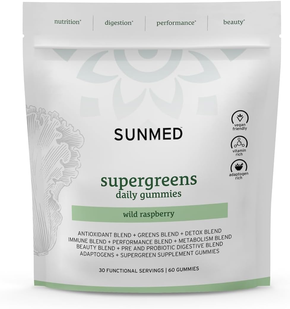 SUNMED Supergreens Daily Gummies – Mezcla de Bienestar con Ashwagandha, Té Verde, Spirulina, Probióticos y Antioxidantes | Frambuesa Silvestre, 60 unidades