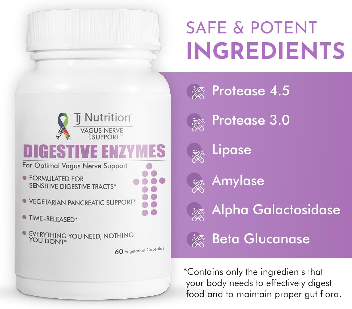TJ Nutrition Enzimas Digestivas para Estómagos Sensibles - Apoyo al Nervio Vago, Fórmula Vegetariana de Liberación Programada