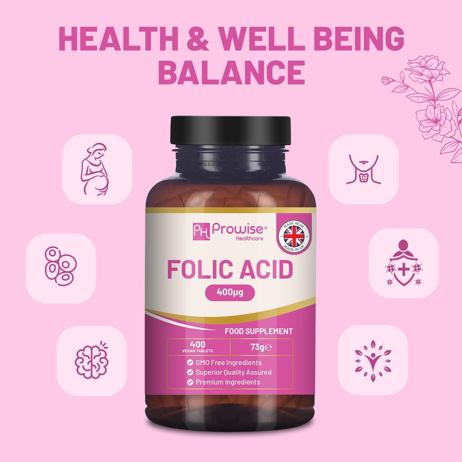 Ácido Fólico 400 mcg - 400 Comprimidos Veganos de Vitamina B9 | Cuidado del Embarazo | Hecho en Reino Unido – Prowise