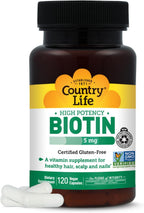 Country Life Biotina Alta Potencia 5 mg - 120 comprimidos - Sin gluten, vegano, sin OGM