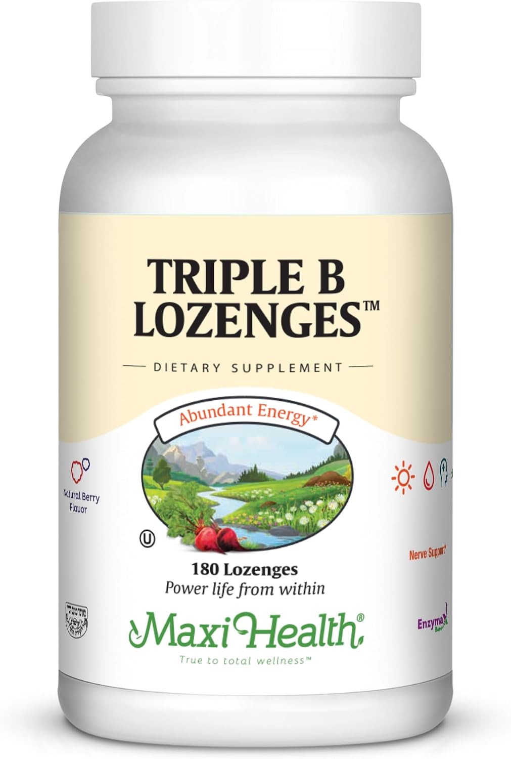 Maxi Health Triple B Lozenges - Complejo B con B12, B6 y Biotina - Sabor Fresa - 180 Pastillas - Kosher
