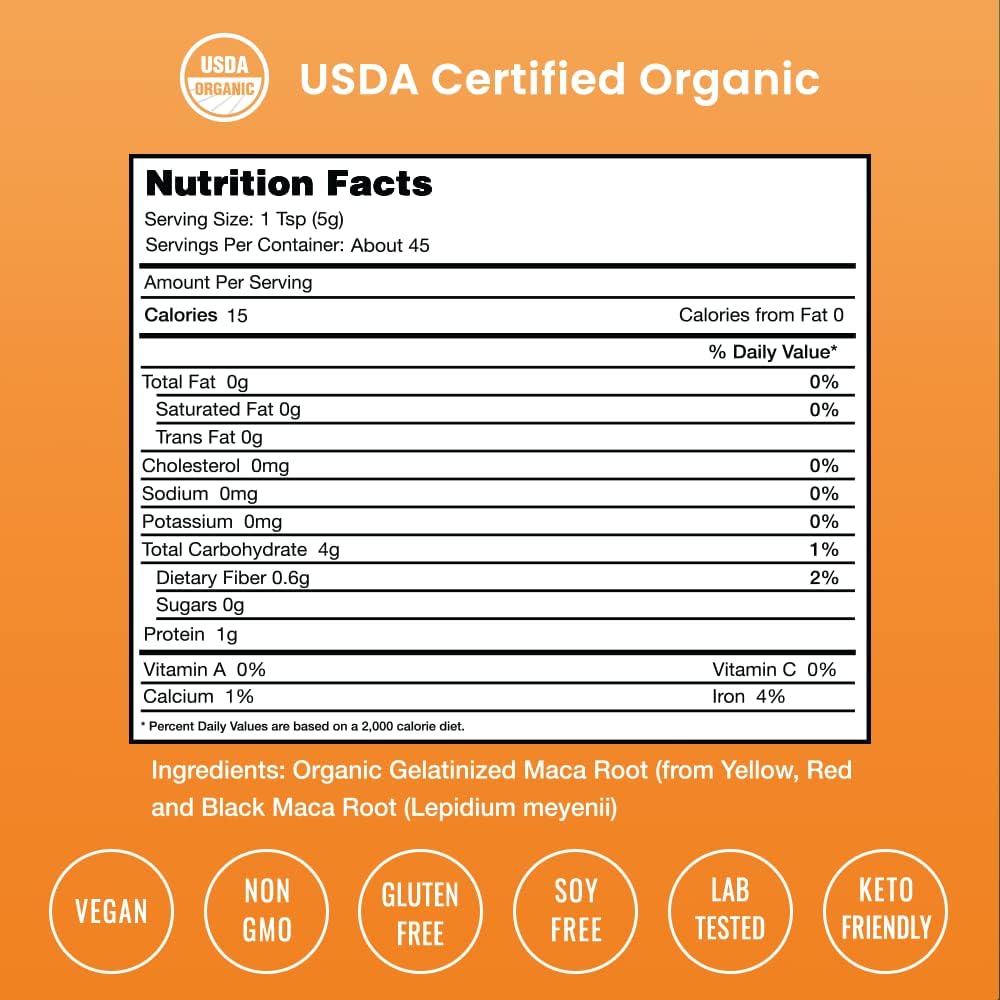 Maca Orgánica en Polvo - Mezcla Peruana de Raíces Amarillas, Negras y Rojas - Gelatinizada para Mayor Biodisponibilidad - Natural, Vegana y No-GMO, 227g