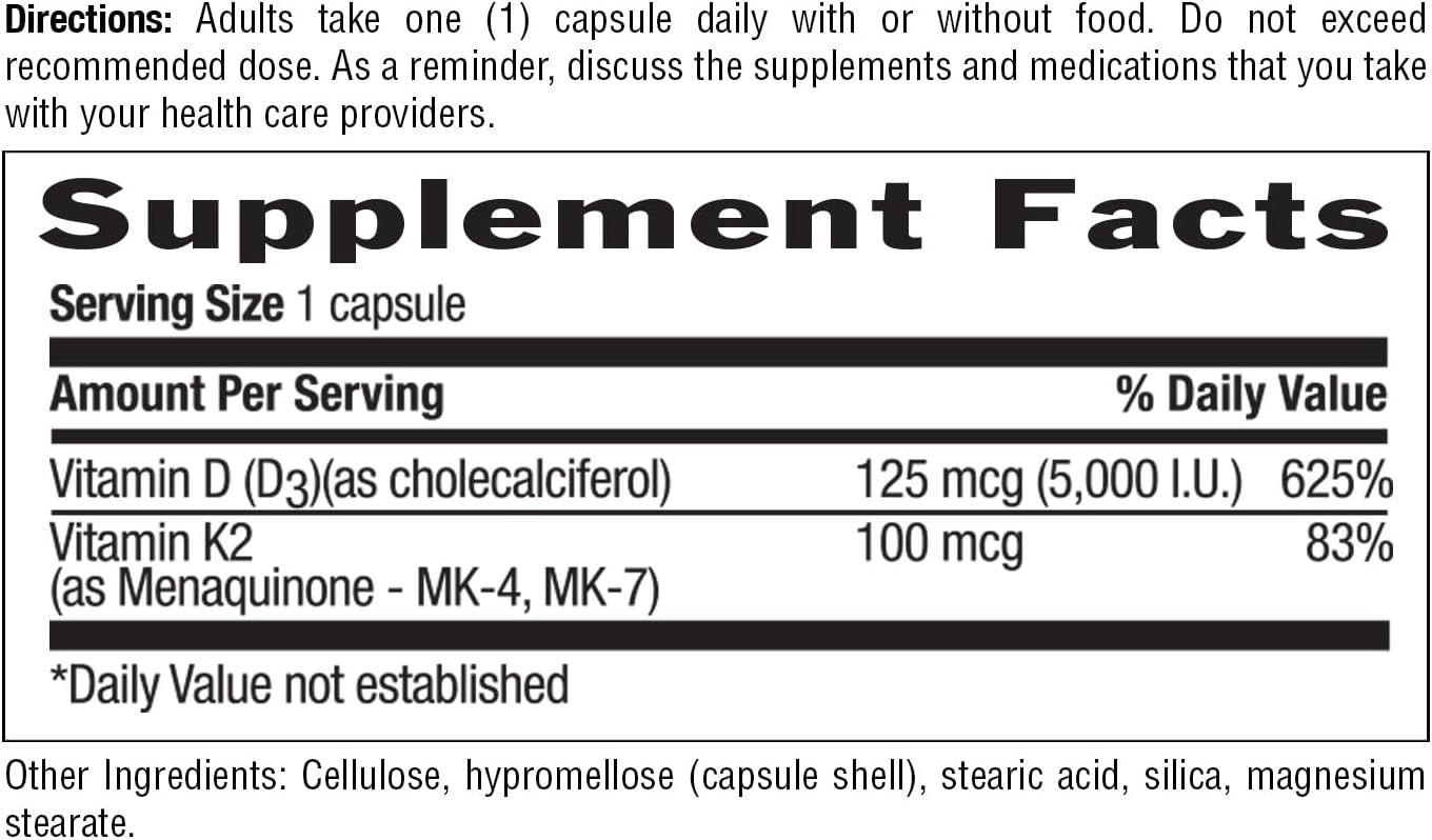 Country Life Vegan D3 + K2 – 5000 UI de Vitamina D3 y 100 mcg de MK-4 y MK-7 | Apoya la Salud Ósea e Inmunitaria | Vegano, Sin Gluten, B-Corp | 60 Cápsulas