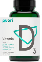 Puori Vitamina D3 2500 IU (62.5 mcg) – 120 Cápsulas Blandas – No GMO, Sin Gluten