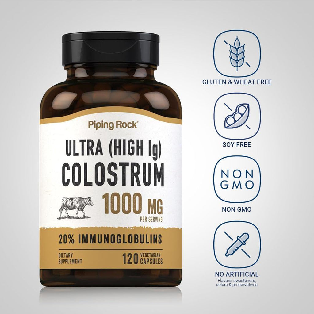 Piping Rock Colostrum Capsules 1000mg | 120 Capsules | Supplement for Women & Men | 20% Immunoglobulin | Vegetarian, Non-GMO, Gluten-Free