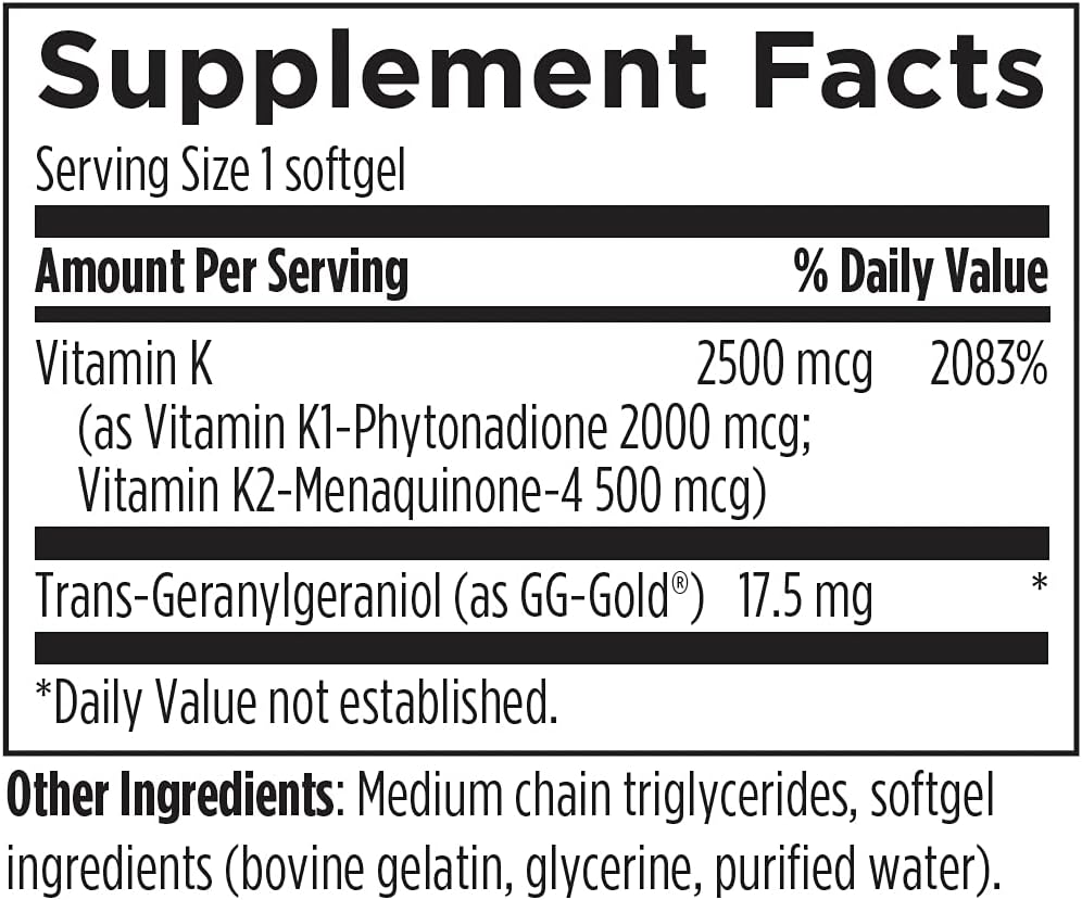 Designs for Health TRI-K - Tres Formas de Vitamina K + GG, Alta Potencia - 2000mcg Vitamina K1, 500mcg K2 MK-4 - Sin OGM + Sin Gluten (60 Cápsulas Blandas)
