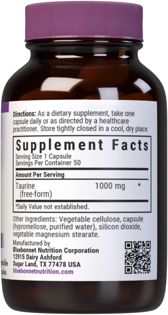 Bluebonnet Nutrition Taurina 1000 mg – 50 Cápsulas Vegetales, No Transgénico, Vegano, Sin Gluten
