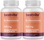 BESTVITE DL-Fenilalanina 500mg (240 Cápsulas Vegetales) (Pack de 2) - Sin Estearatos - Sin Rellenos - Vegano - Sin Gluten - No GMO