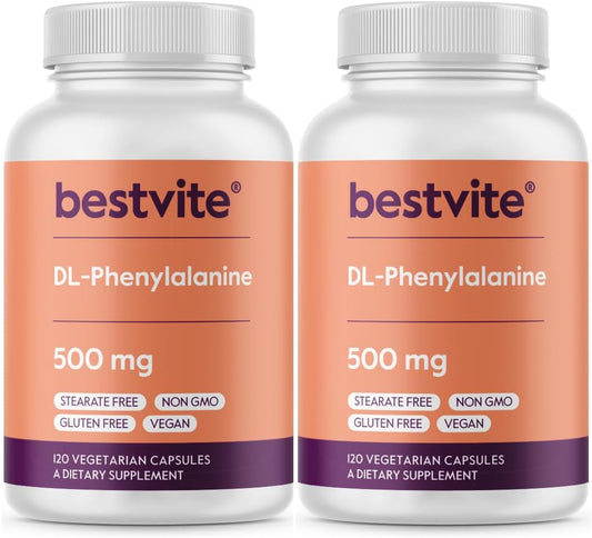BESTVITE DL-Fenilalanina 500mg (240 Cápsulas Vegetales) (Pack de 2) - Sin Estearatos - Sin Rellenos - Vegano - Sin Gluten - No GMO