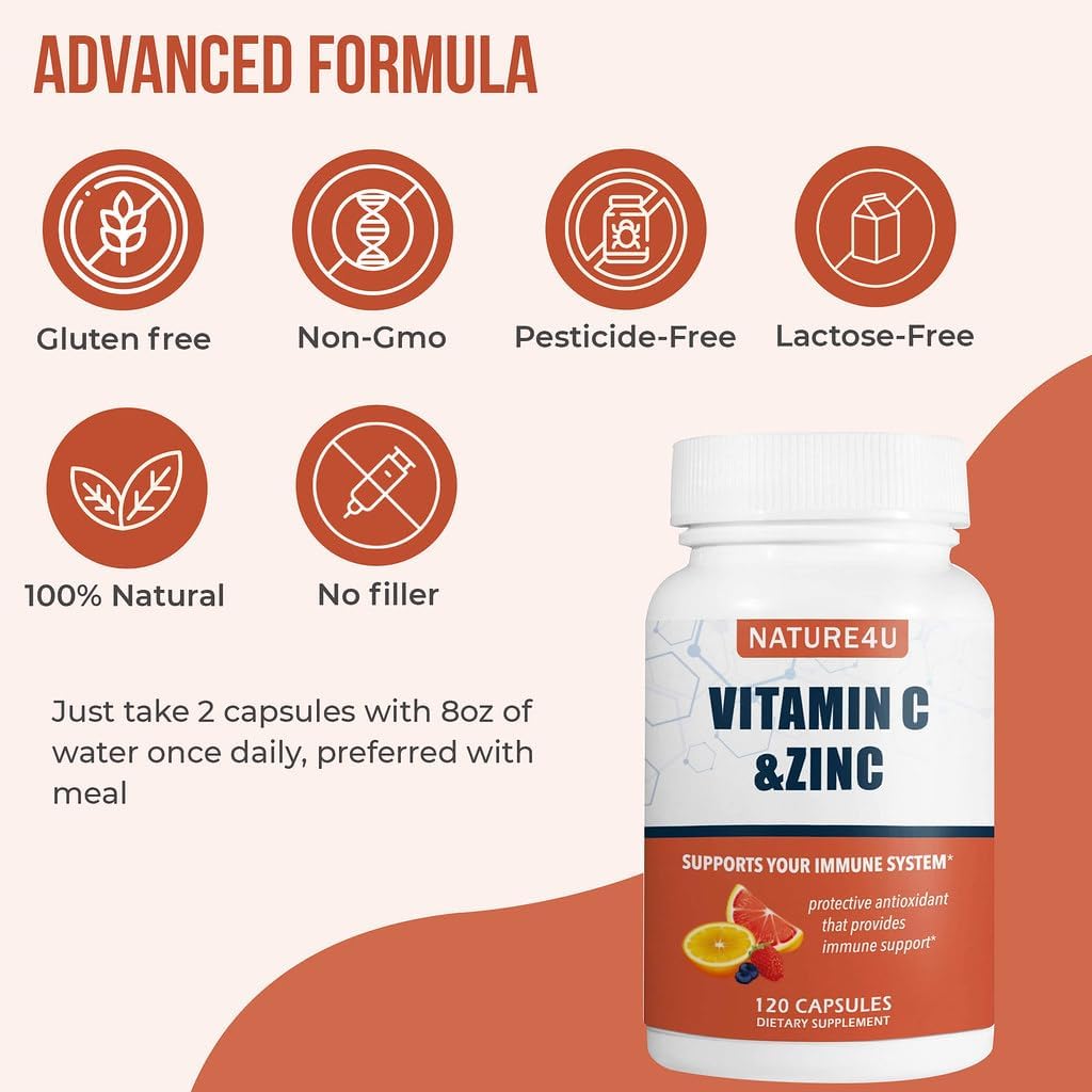Nature4U Vitamina C 1000 mg con Zinc, Escaramujo y Bioflavonoides Cítricos, 120 Cápsulas