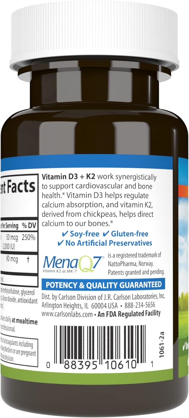 Carlson Vitamina D3 + K2, 2000 UI D3 y 90 mcg K2 MK-7, 60 Cápsulas