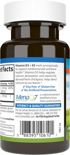 Carlson Vitamina D3 + K2 (2000 UI + 90 mcg MK-7), 60 Cápsulas