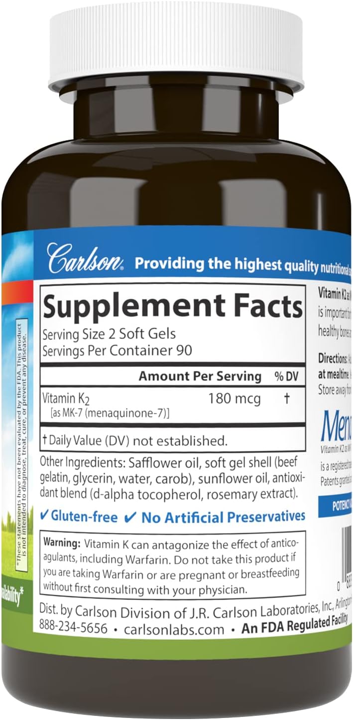 Carlson – Vitamina K2 MK-7 (Menaquinona), 180 mcg, Apoyo Óseo, 180 Cápsulas Blandas